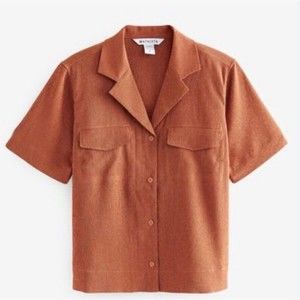 NWT‎ Athleta Echo Top Button Down Short Sleeve Orange Breathable Blouse Medium.